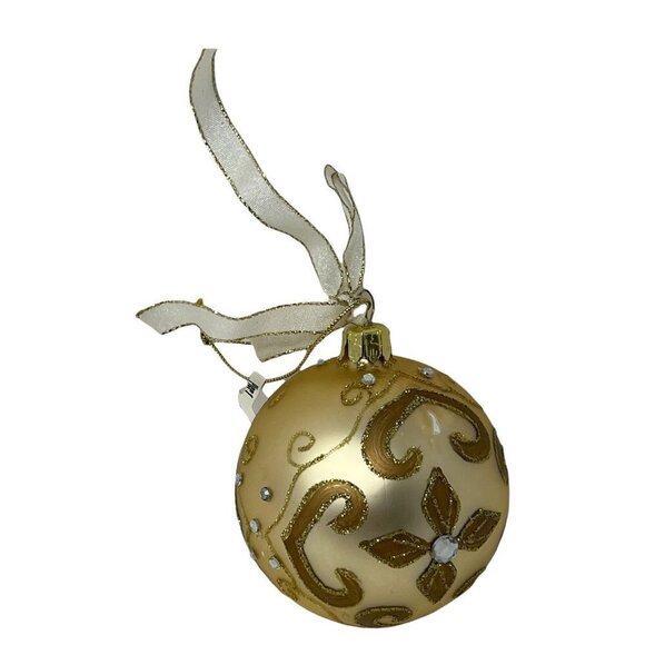 Santas Best Christmas Ornament Gold Round Blown Glass Glitter Rhinestone Jewel - Picture 1 of 6